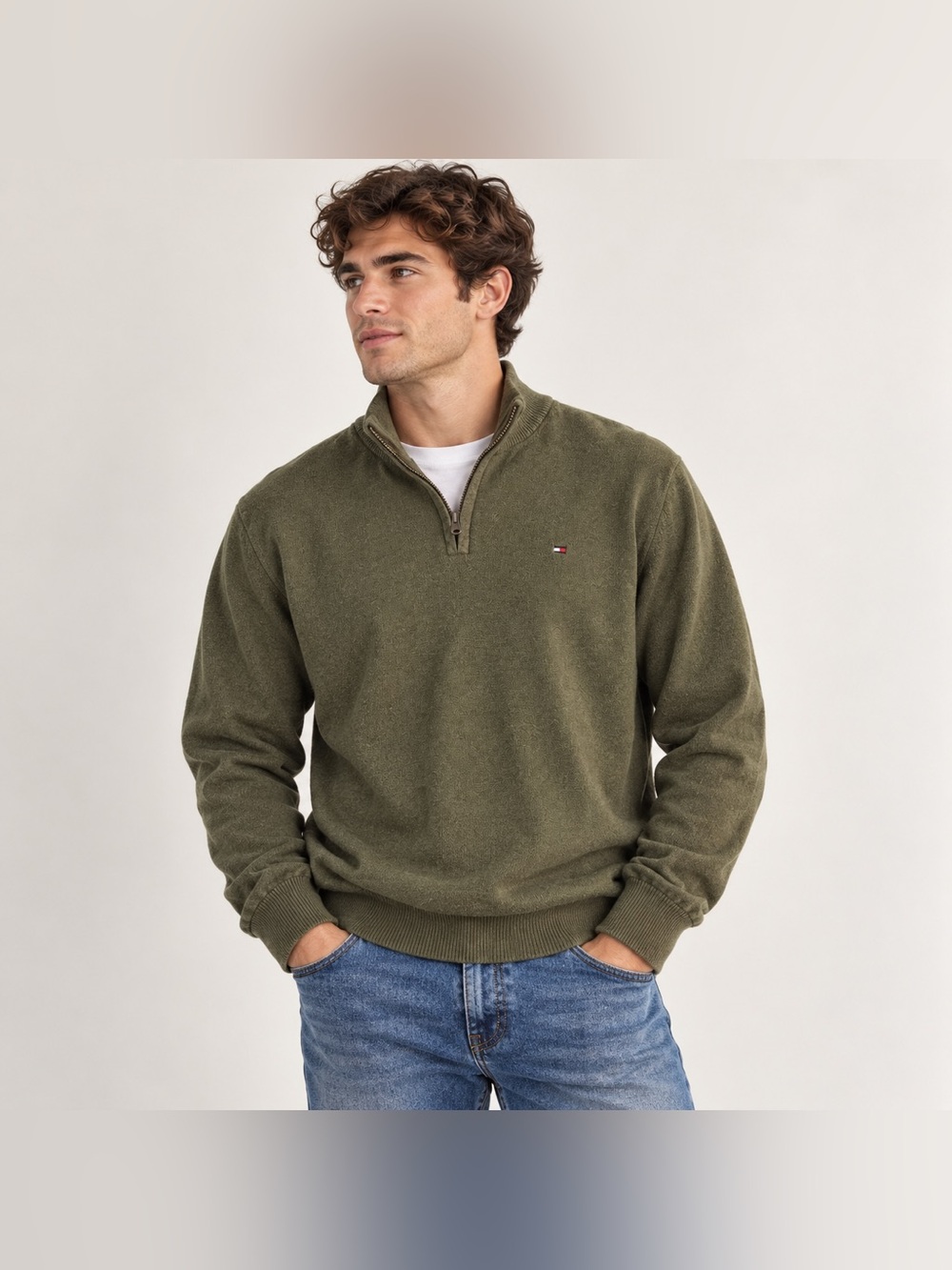 Tommy Hilfiger Men’s XL Olive Green 1/4 Zip Cotton Sweater Pullover